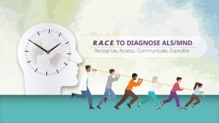 R.A.C.E. to Diagnose ALS/MND — Recognize, Assess, Communicate, Expedite — illustration of six healthcare professionals pulling a rope attached to a clock face on a head silhouette, symbolizing the race to diagnose ALS/MND sooner.